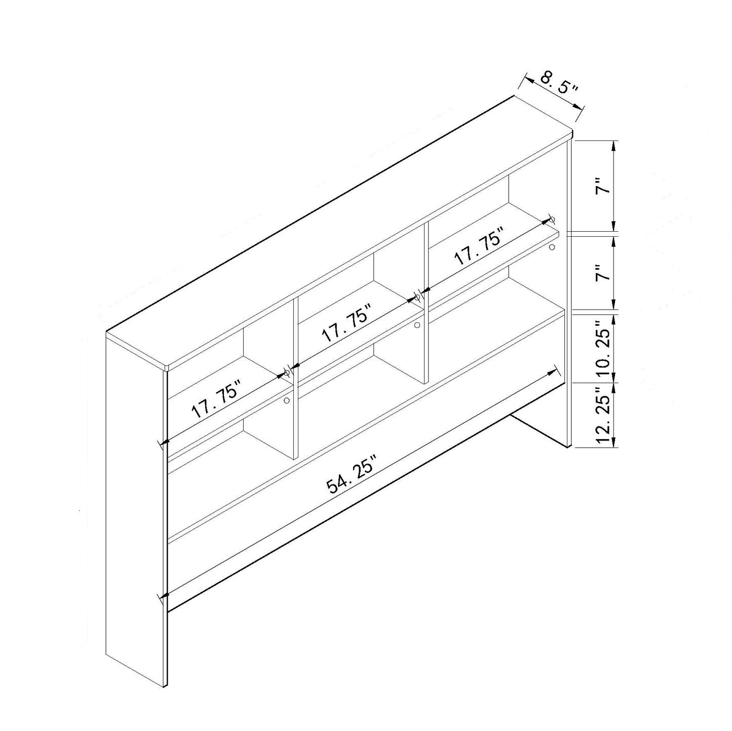 Black line drawing of a bookshelf headboard with multiple shelves and dimensions labeled
