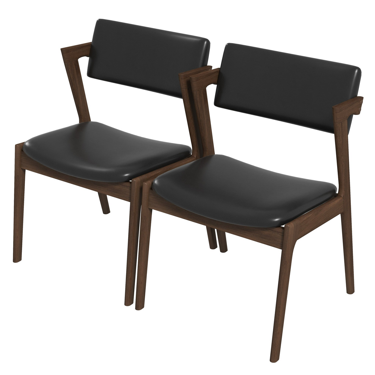 Two modern black leather dining chairs with dark wood frames on a white background