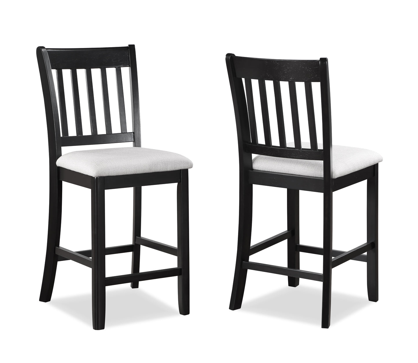 Black wooden bar stool with a white upholstered seat and spindle backrest