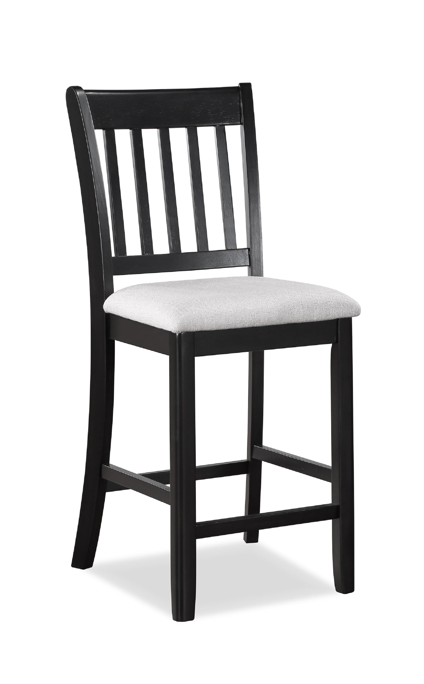 Black wooden bar stool with a comfortable grey fabric seat and slatted backrest