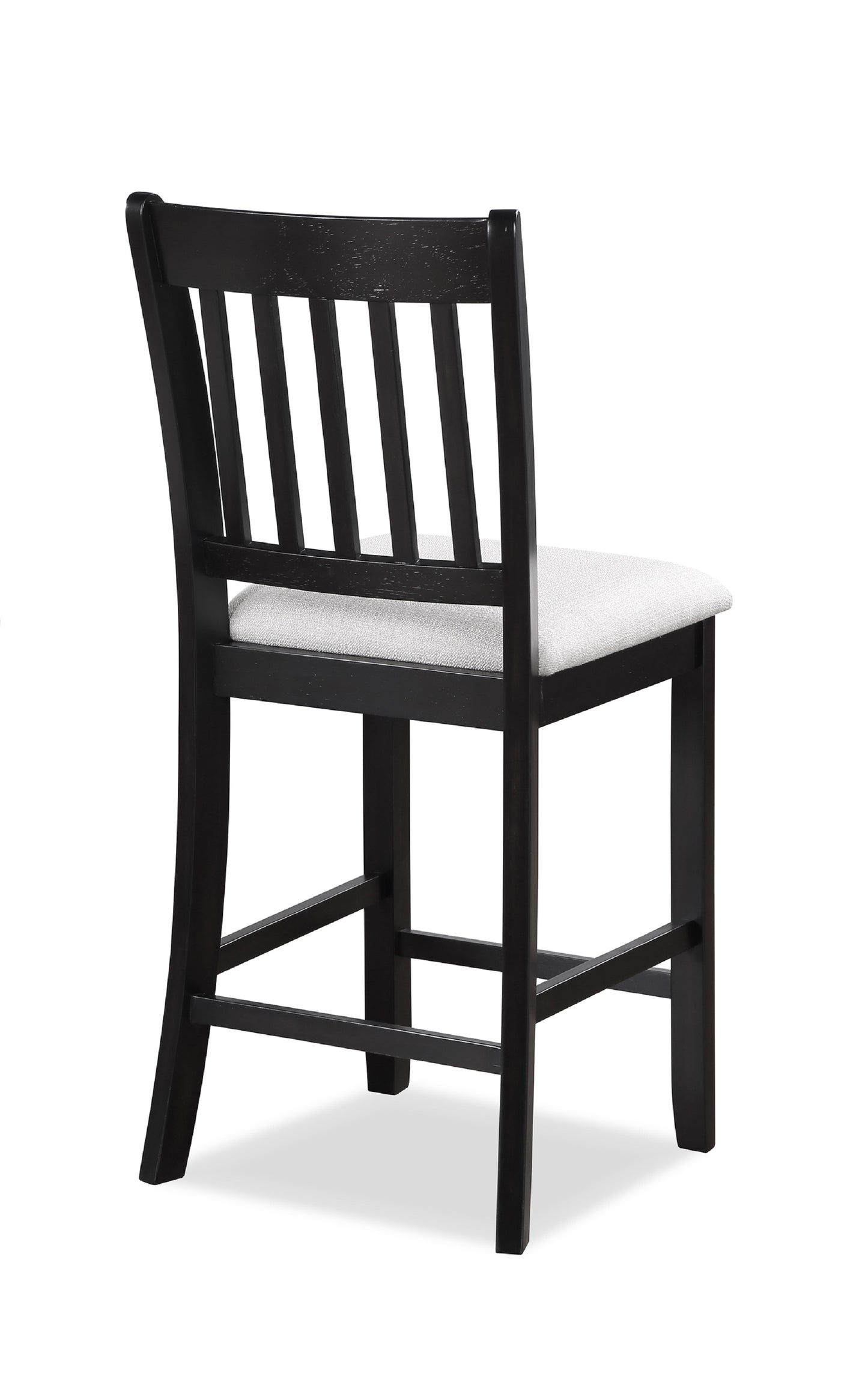 Black wooden bar stool with upholstered light grey seat slatted backrest and footrest