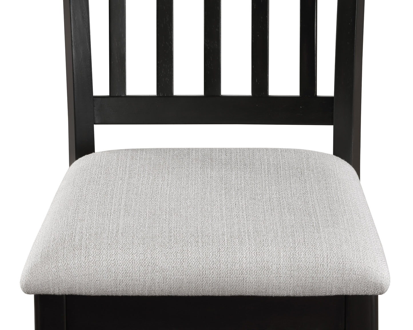 Dark wood dining chair with a textured light grey upholstered seat