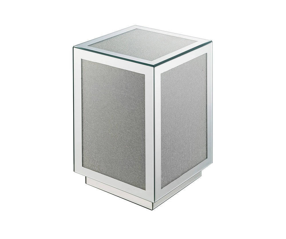 Mirrored end table with perforated metal detailing and glass top