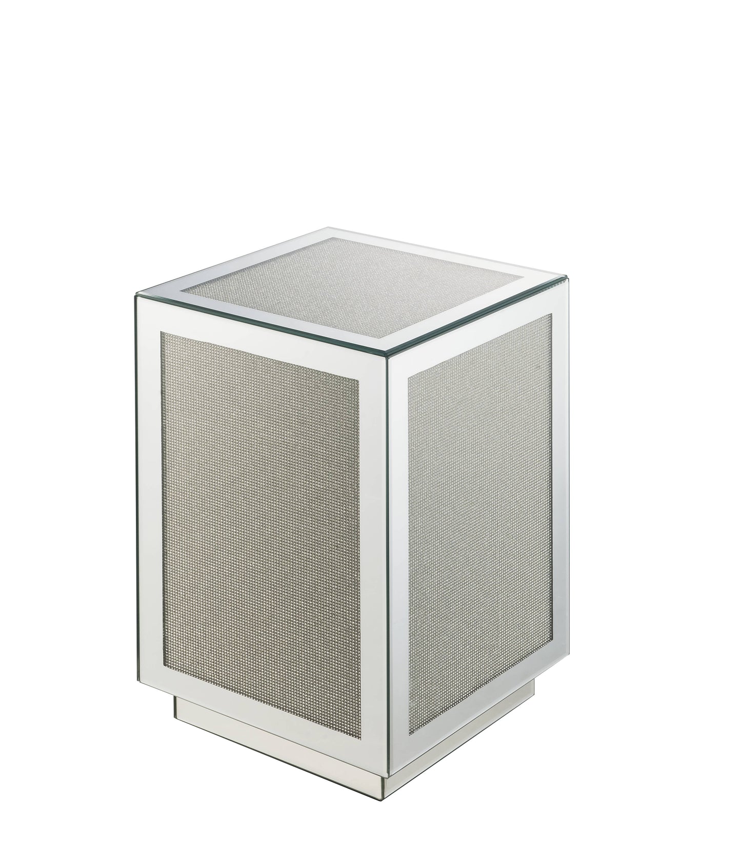 Modern cube end table with mirrored glass panels and a textured silver inset for contemporary decor
