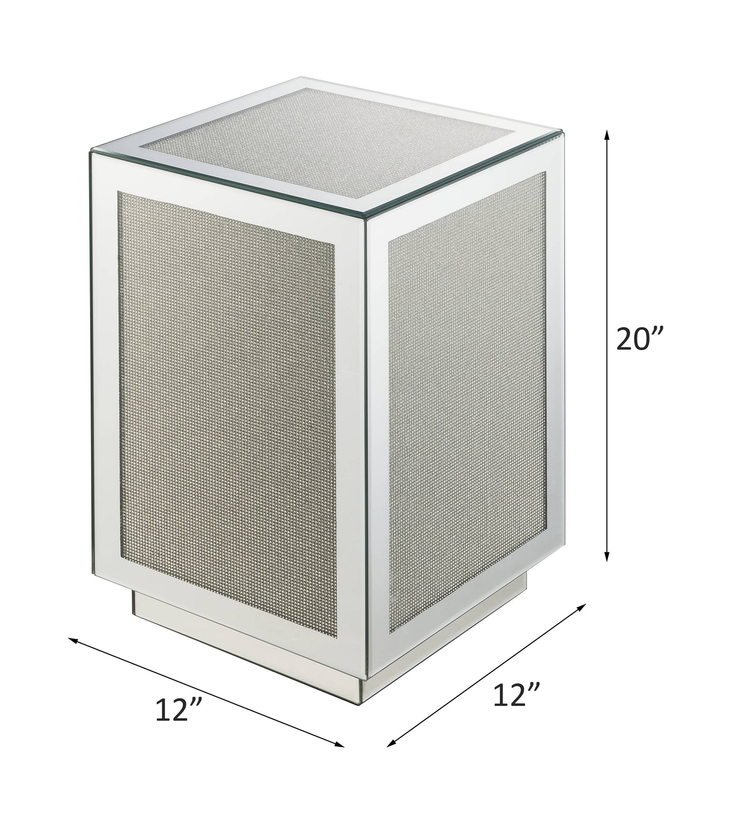 Mirrored cube end table with textured silver inlay panels and chrome base