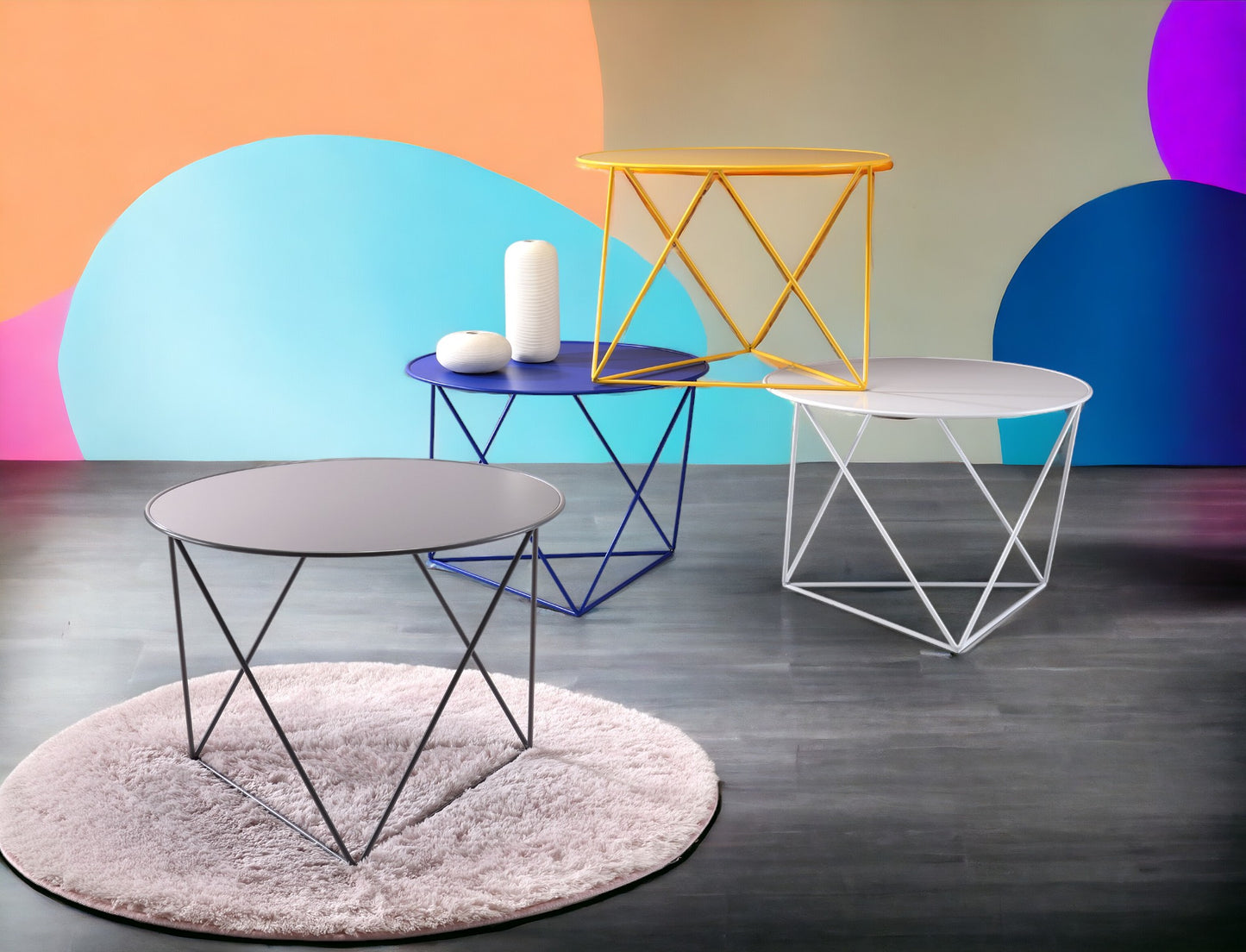 Modern grey side table with thin black metal frame perfect for living room decor