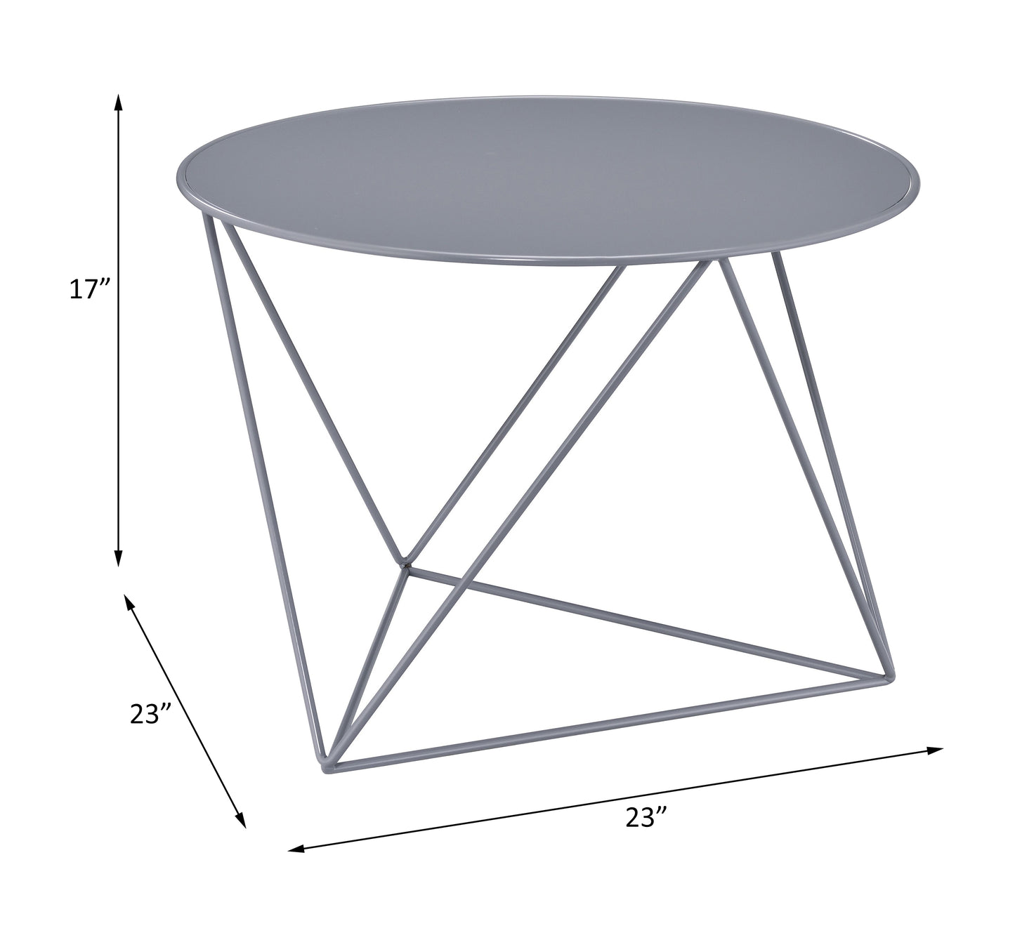 Round grey metal side table with geometric base height