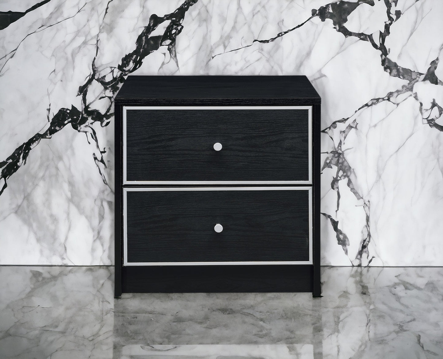 Black wood twodrawer nightstand with silver knobs and white trim ideal for bedrooms