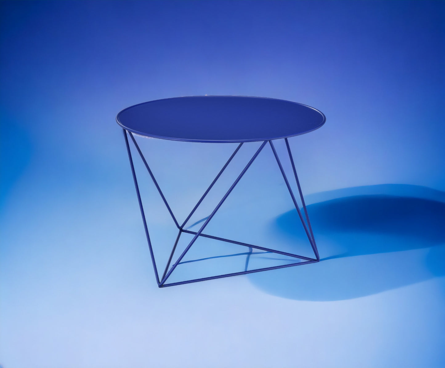 Modern dark blue metal side table with geometric base