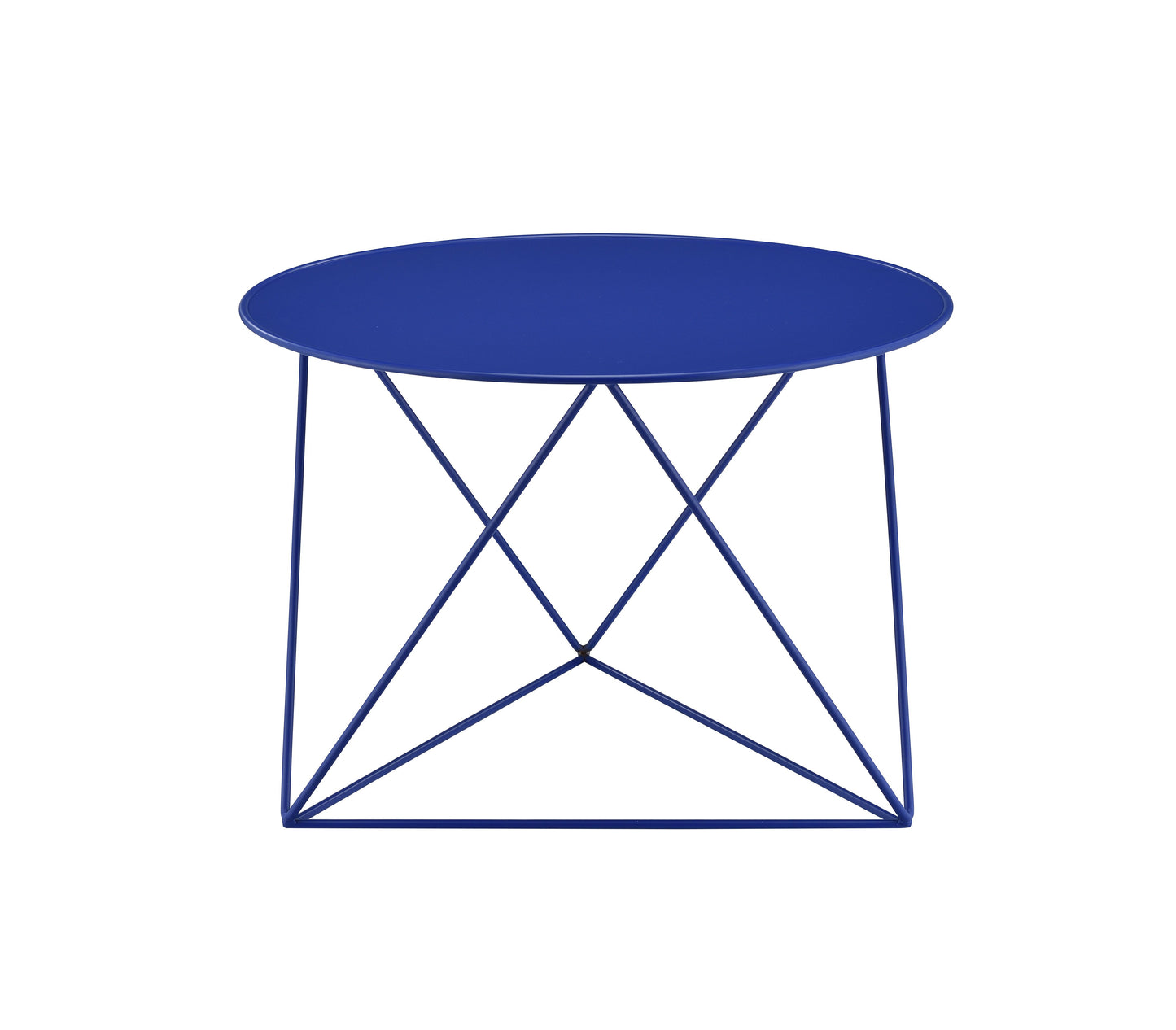 Sleek blue metal side table with geometric base perfect for modern living rooms