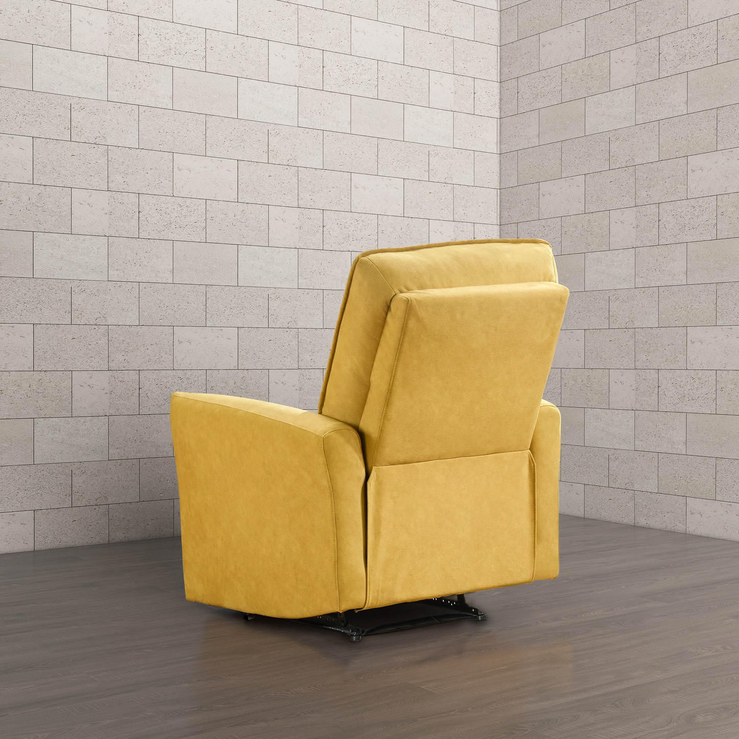 Plush yellow velvet armchair with recliner mechanism visible