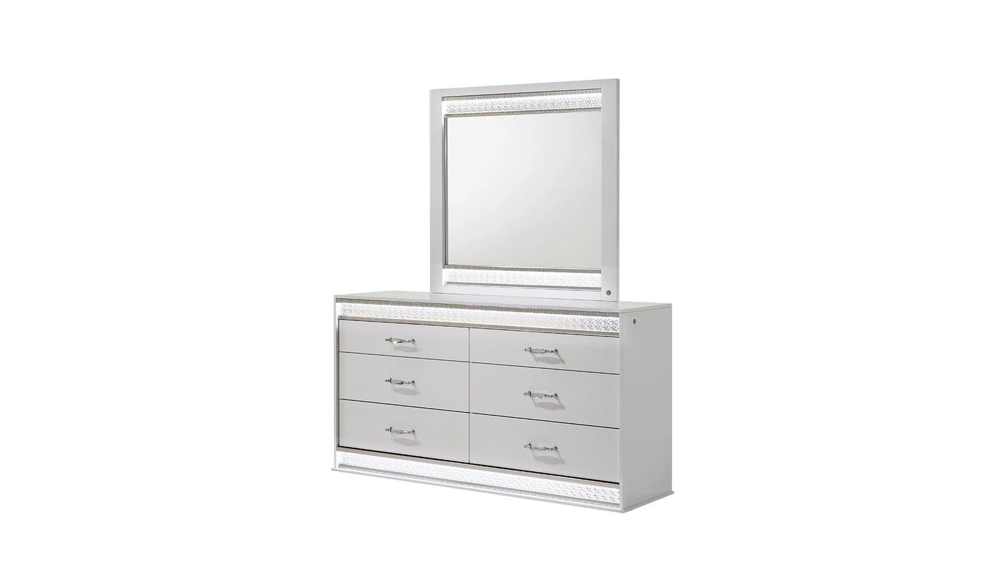 Modern white dresser with mirror and crystal accents six drawers for storage
