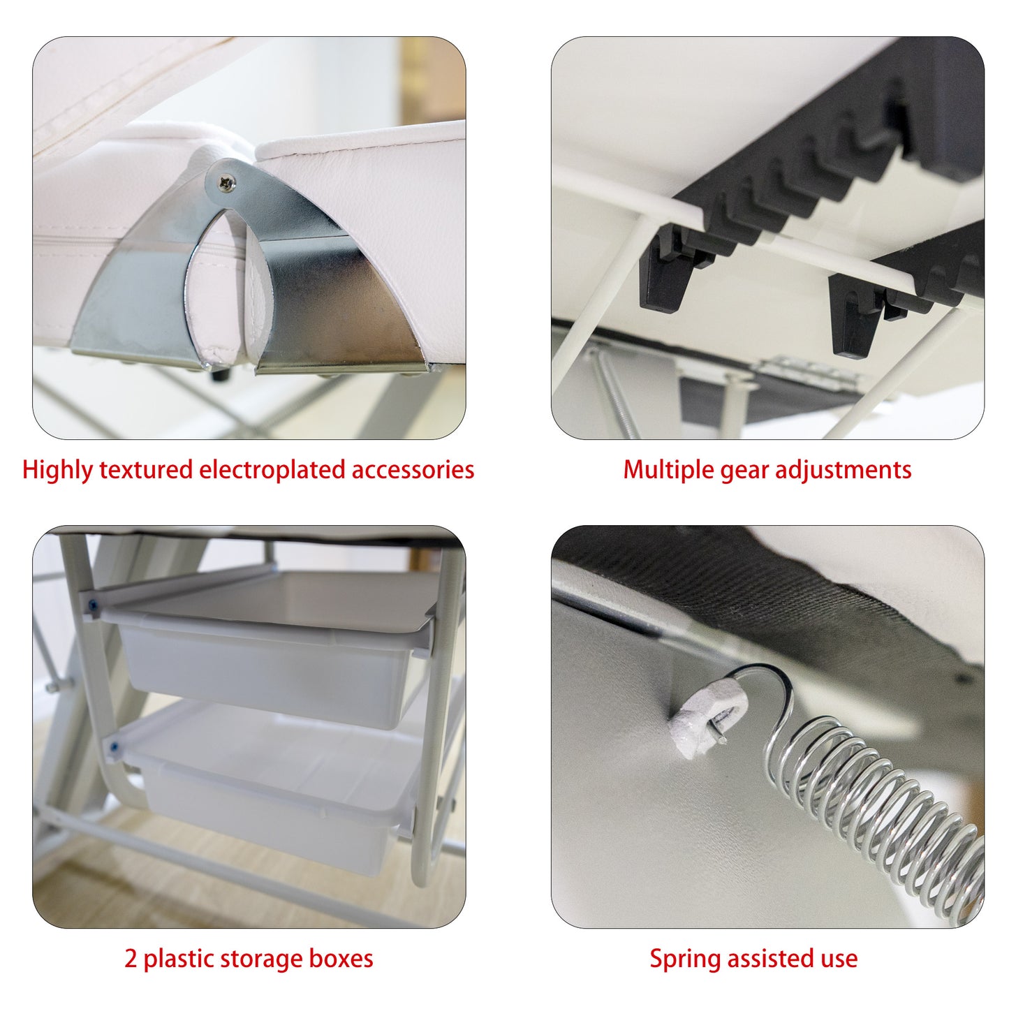 Closeup of white faux leather and polished metal hinge for massage table adjustments