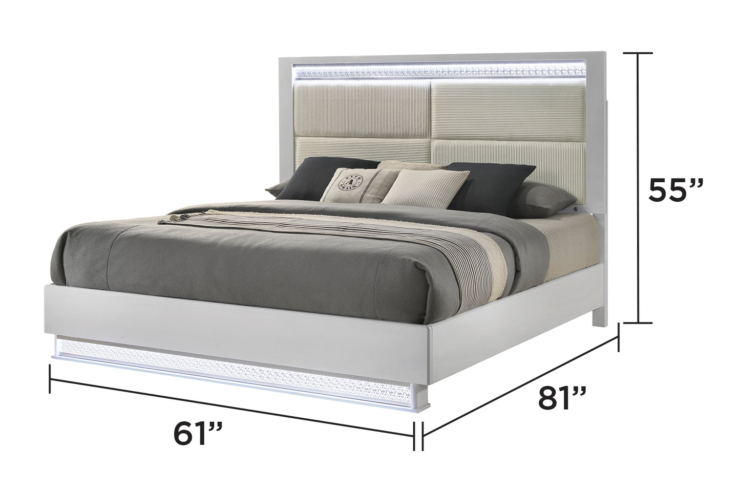 White upholstered bed frame with LED headboard featuring textured panels and ample mattress space