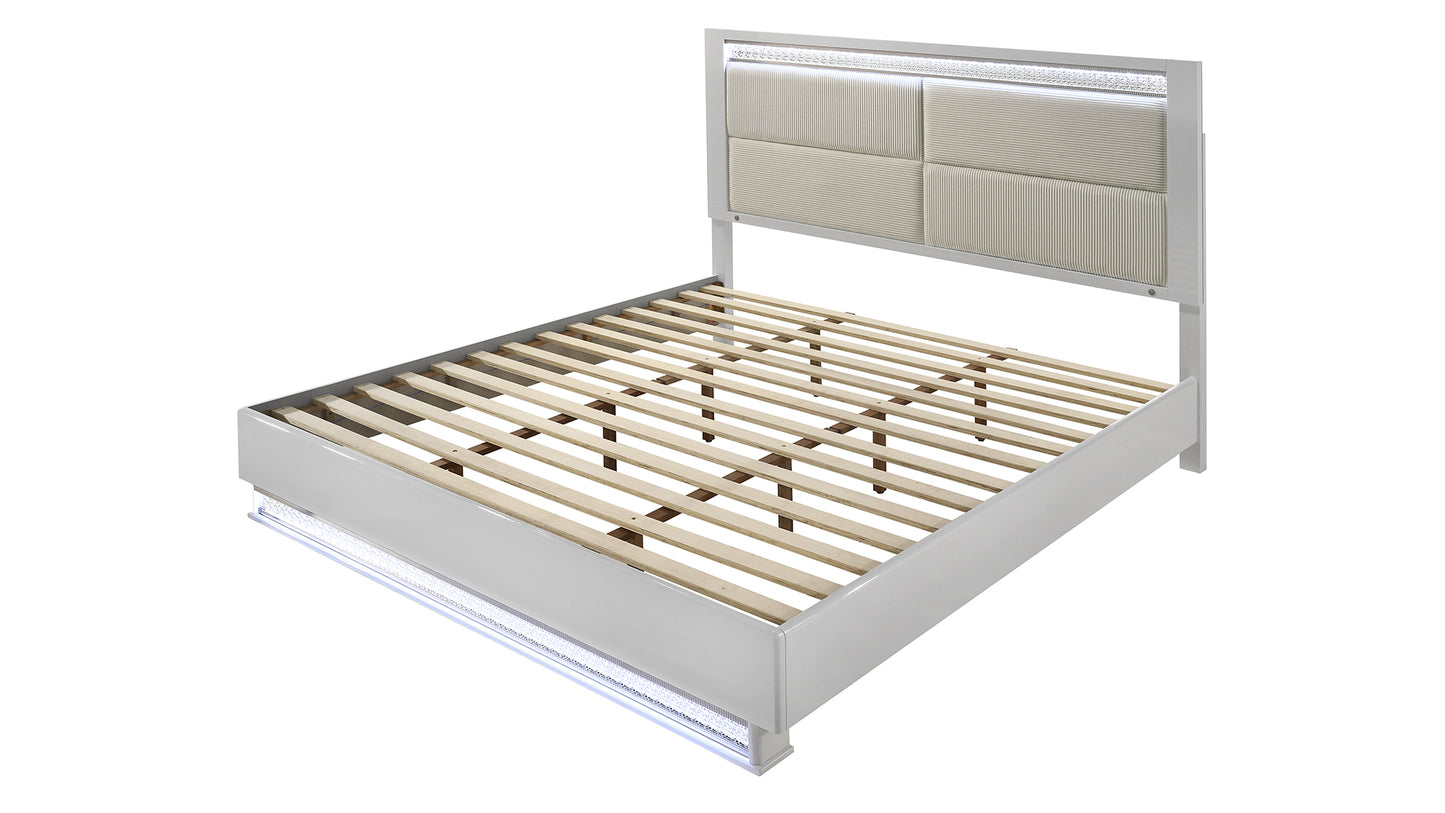 Modern white platform bed frame with upholstered headboard and LED lighting