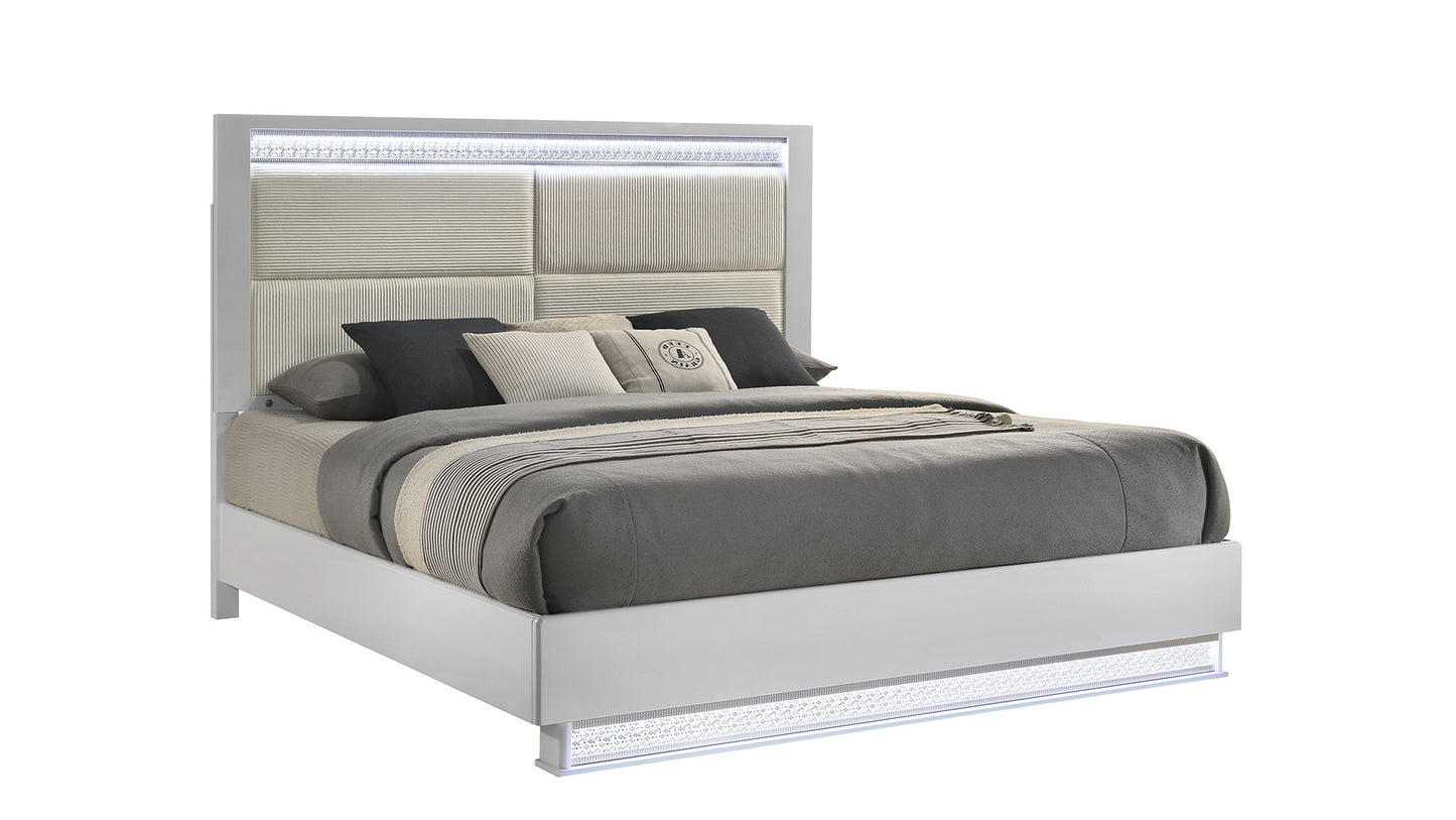 Modern white upholstered platform bed with LED lighting and textured headboard