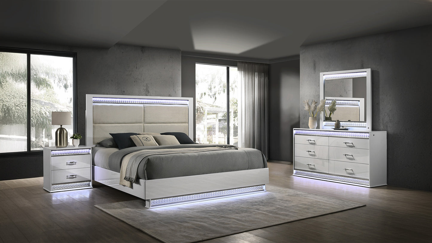 Modern white platform bed with upholstered headboard and LED lighting
