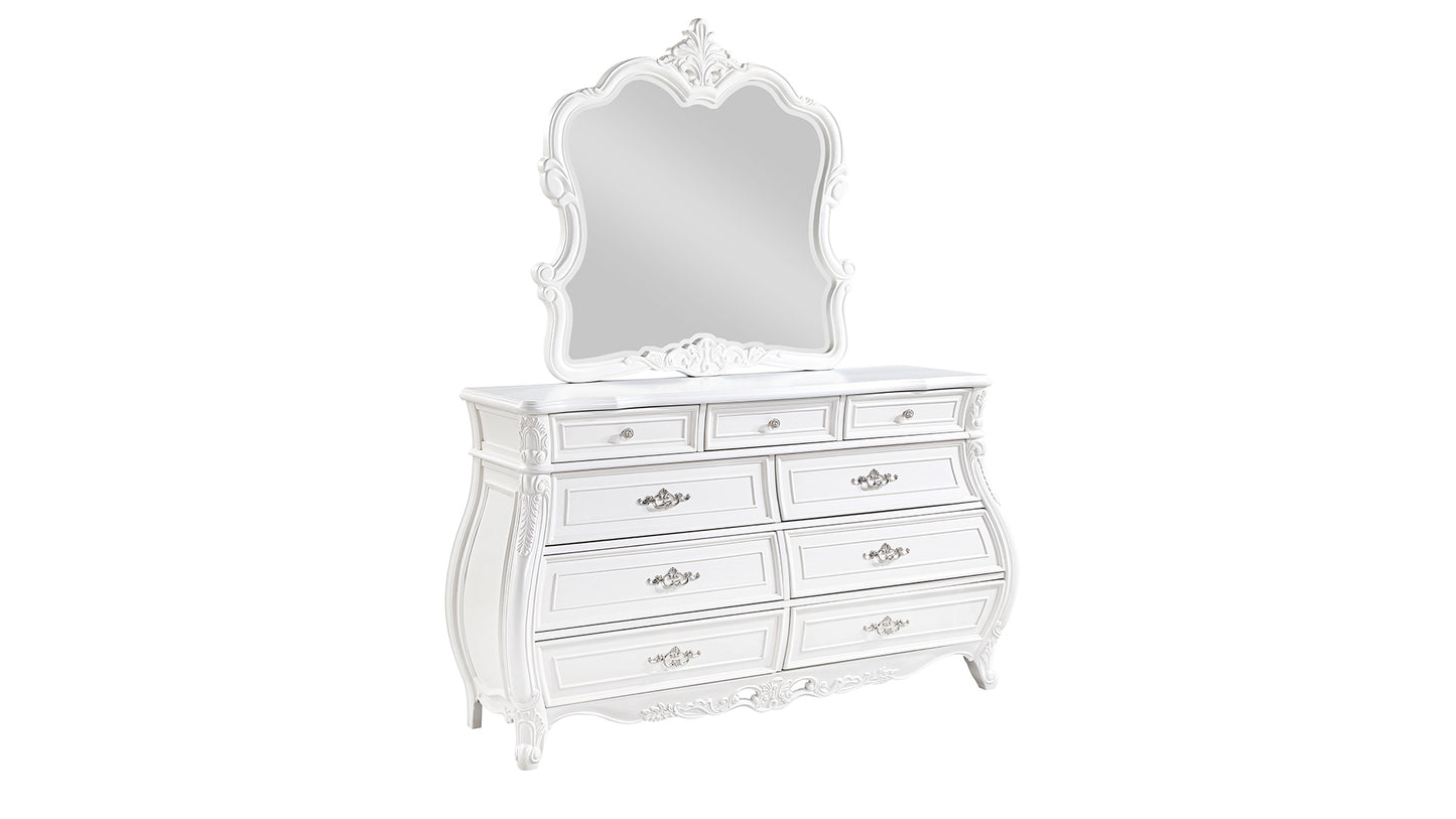 White ornate dresser with mirror featuring intricate carvings and seven drawers for bedroom storage