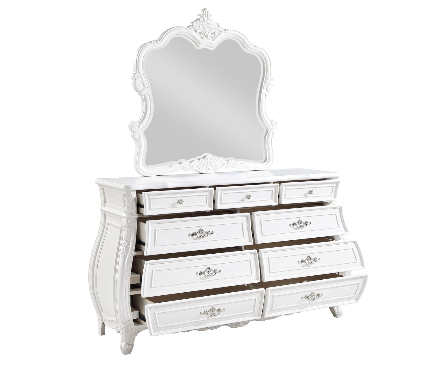 Elegant white dresser with ornate mirror and silver drawer pulls