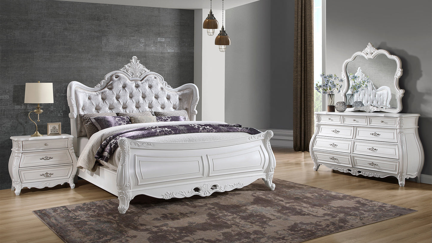 Elegant white upholstered tufted headboard king bed with ornate details for a luxurious bedroom