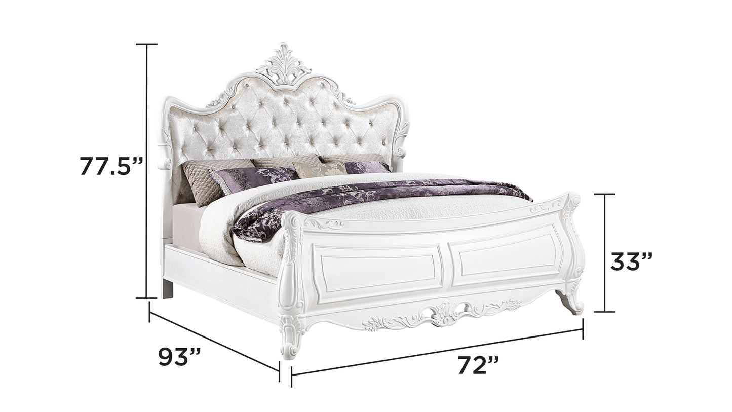 White tufted headboard queen bed frame with ornate carvings wide