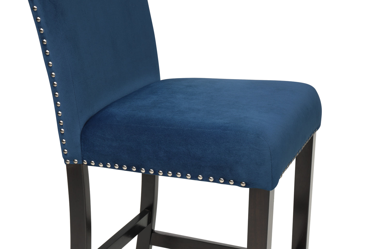 Deep blue velvet bar stool with silver nailhead trim and dark wood legs