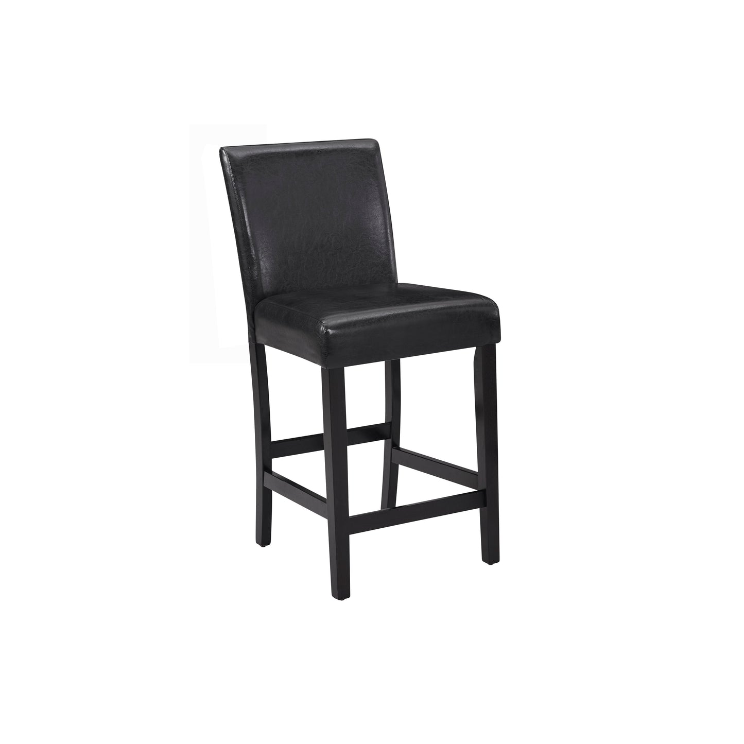 Black faux leather counter stool with dark wood legs and a comfortable seat