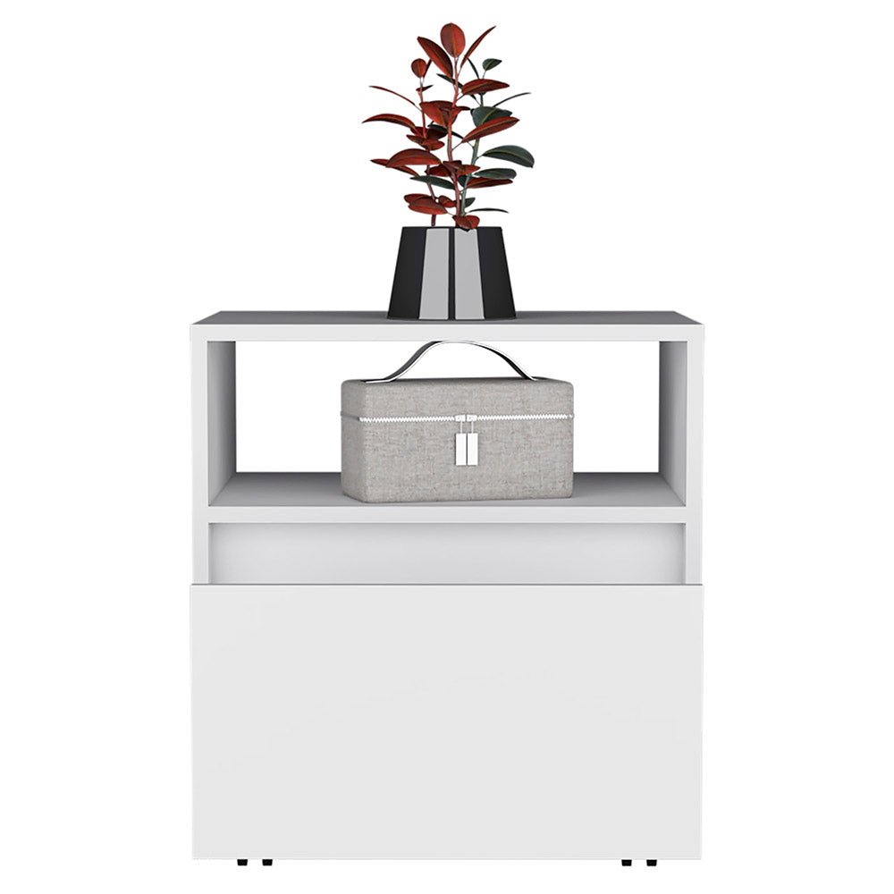 White modern nightstand with two open shelves and a drawer holding a plant and makeup case