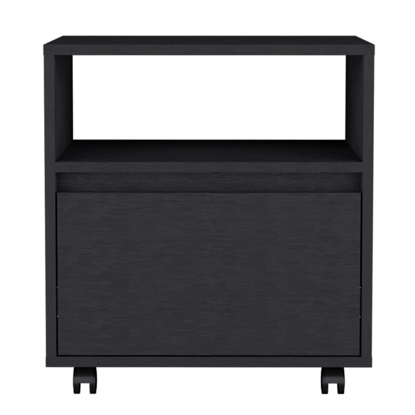 Black modern filing cabinet with a single drawer and open top shelf on casters