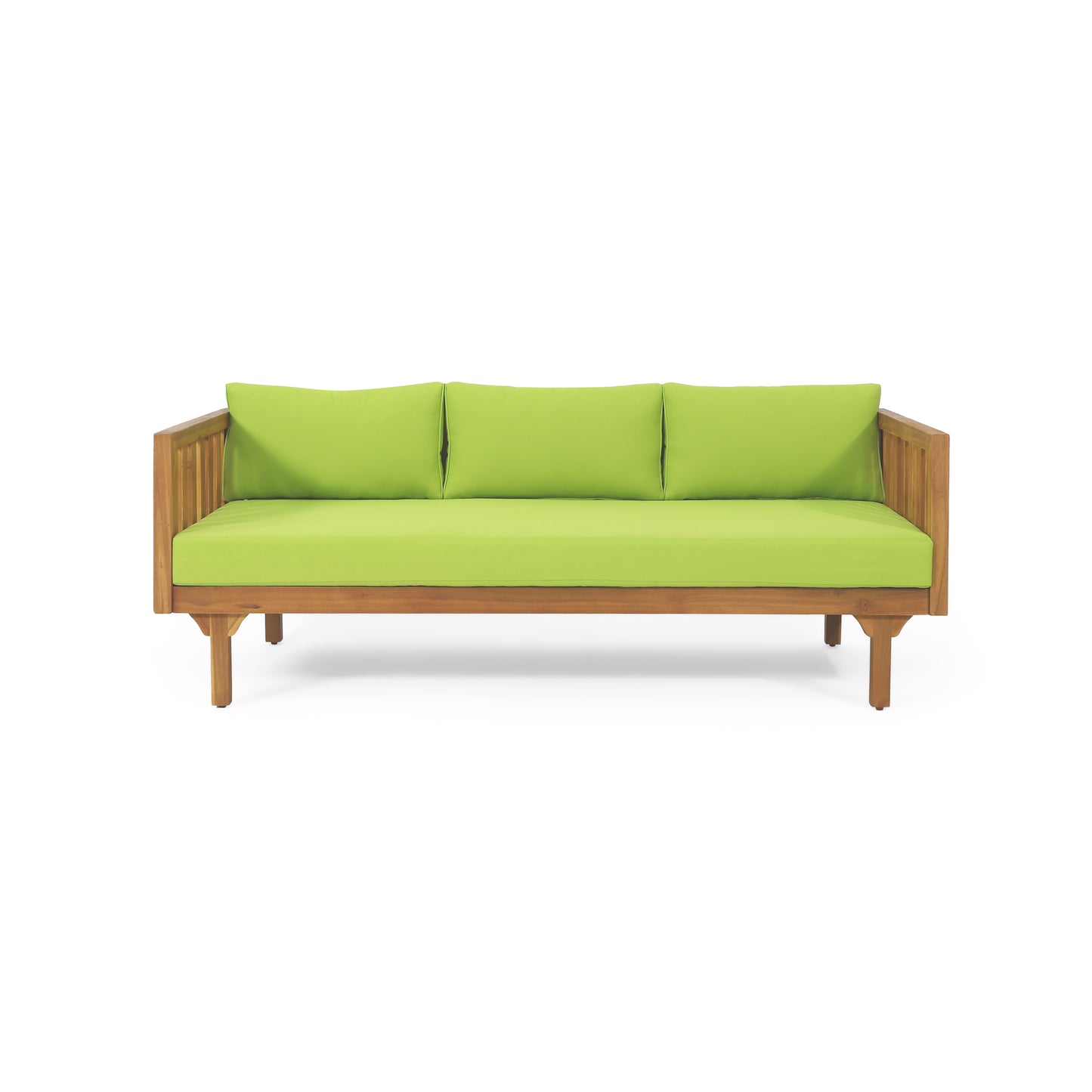 Acacia wood outdoor sofa with three bright green cushions minimalist design