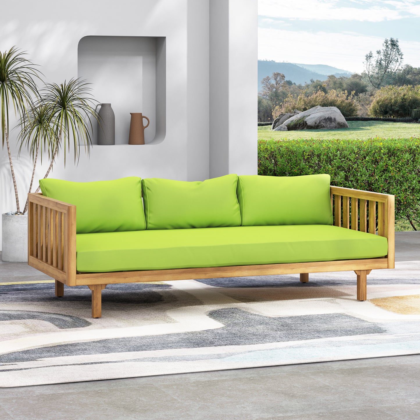 Teak wood outdoor sofa with bright green cushions modern patio furniture