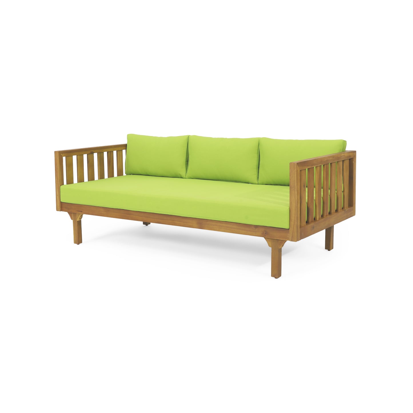 Wooden outdoor sofa with bright green cushions slatted armrests and back modern design