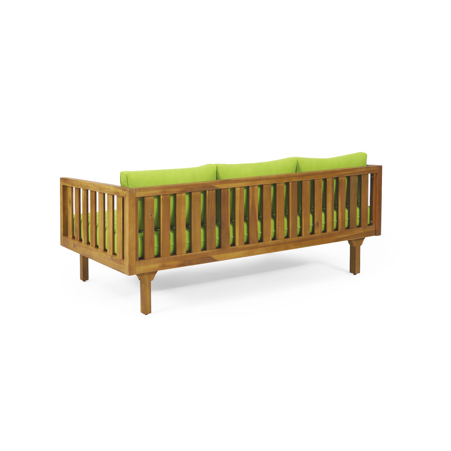 Wooden outdoor sofa with green cushions slatted back and sturdy legs perfect for patios
