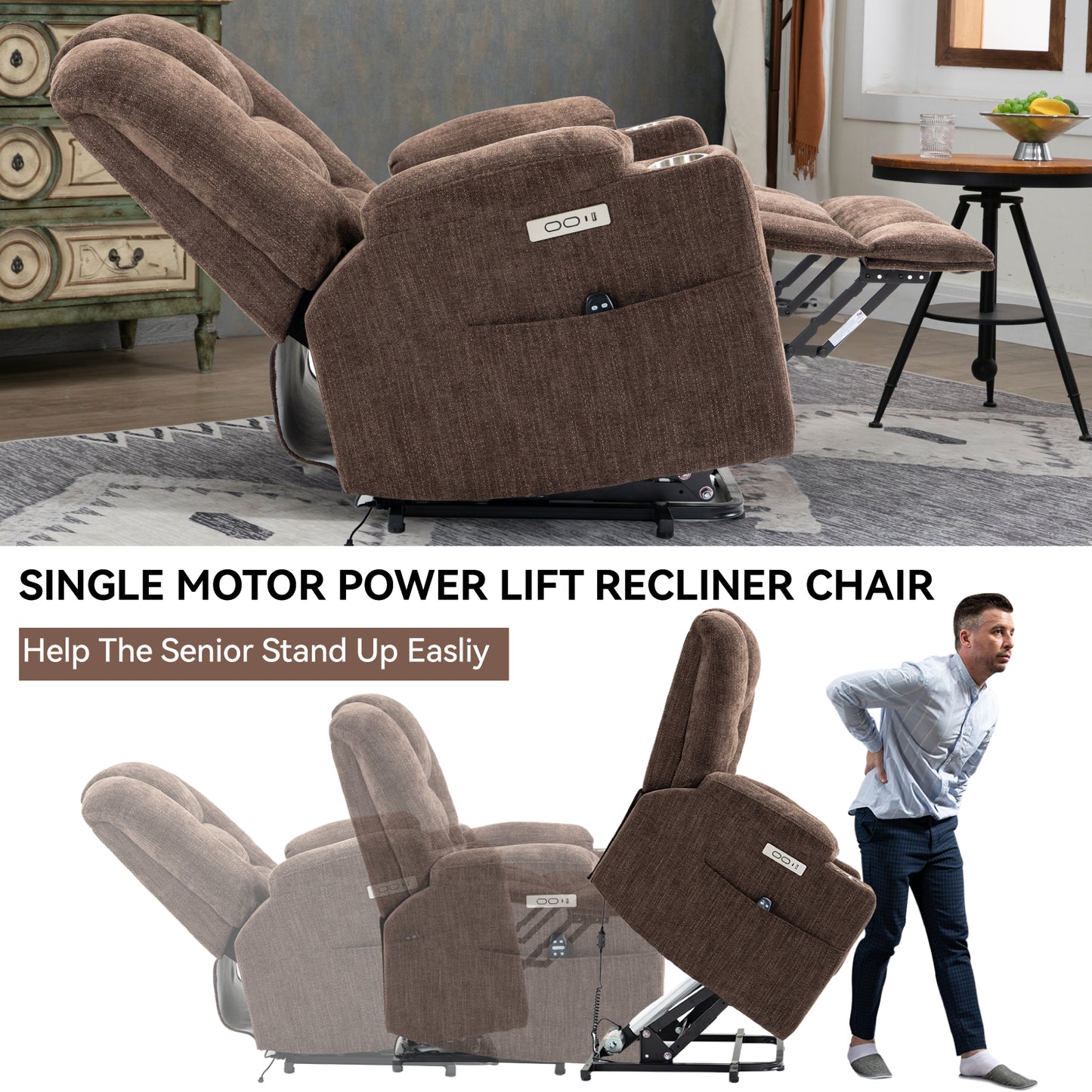 Brown fabric single motor power lift recliner chair with cup holders