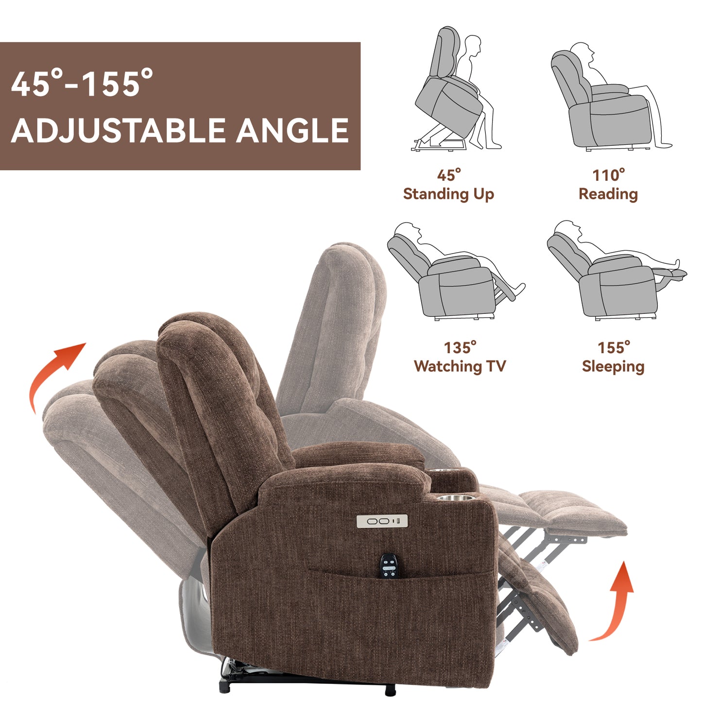 Brown fabric recliner chair with adjustable angle for multiple uses