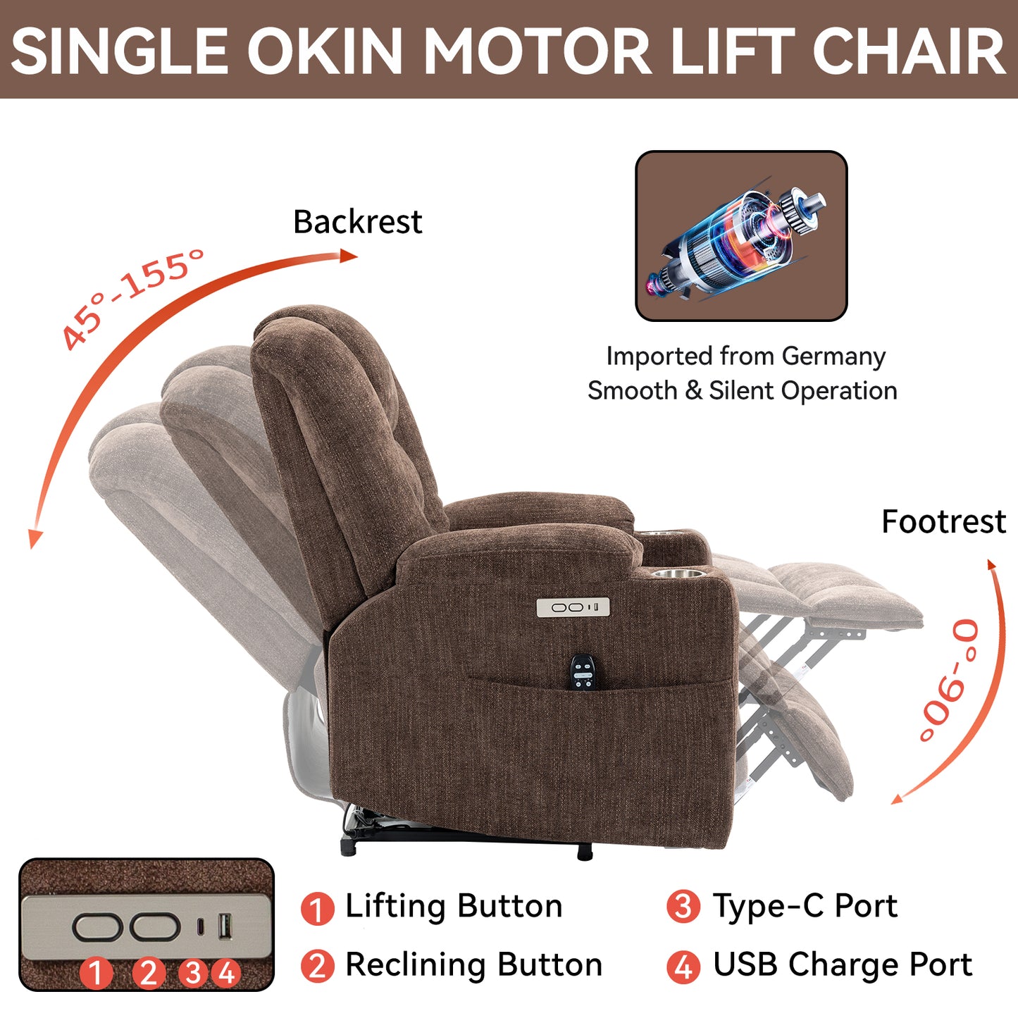 Brown fabric Okin motor lift chair with adjustable backrest from degrees