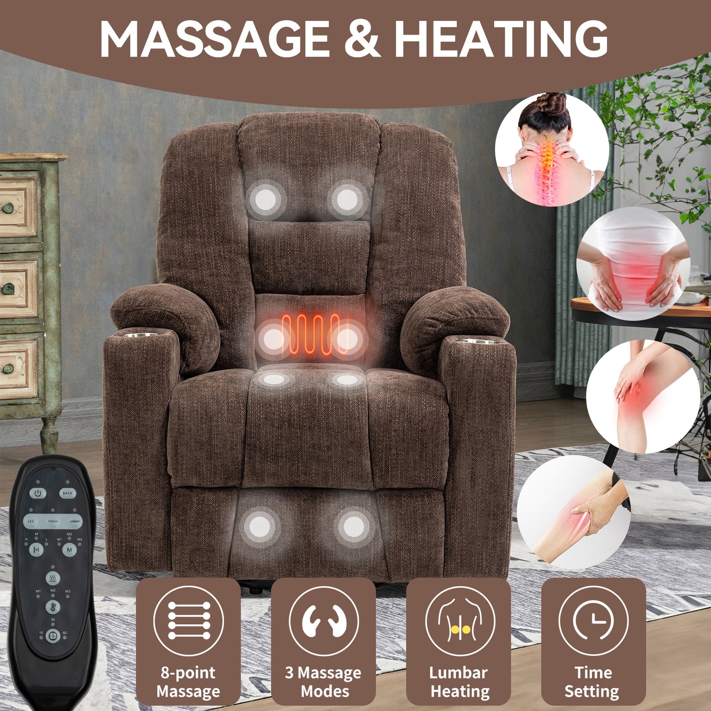 Brown fabric recliner chair with point massage and lumbar heating functions