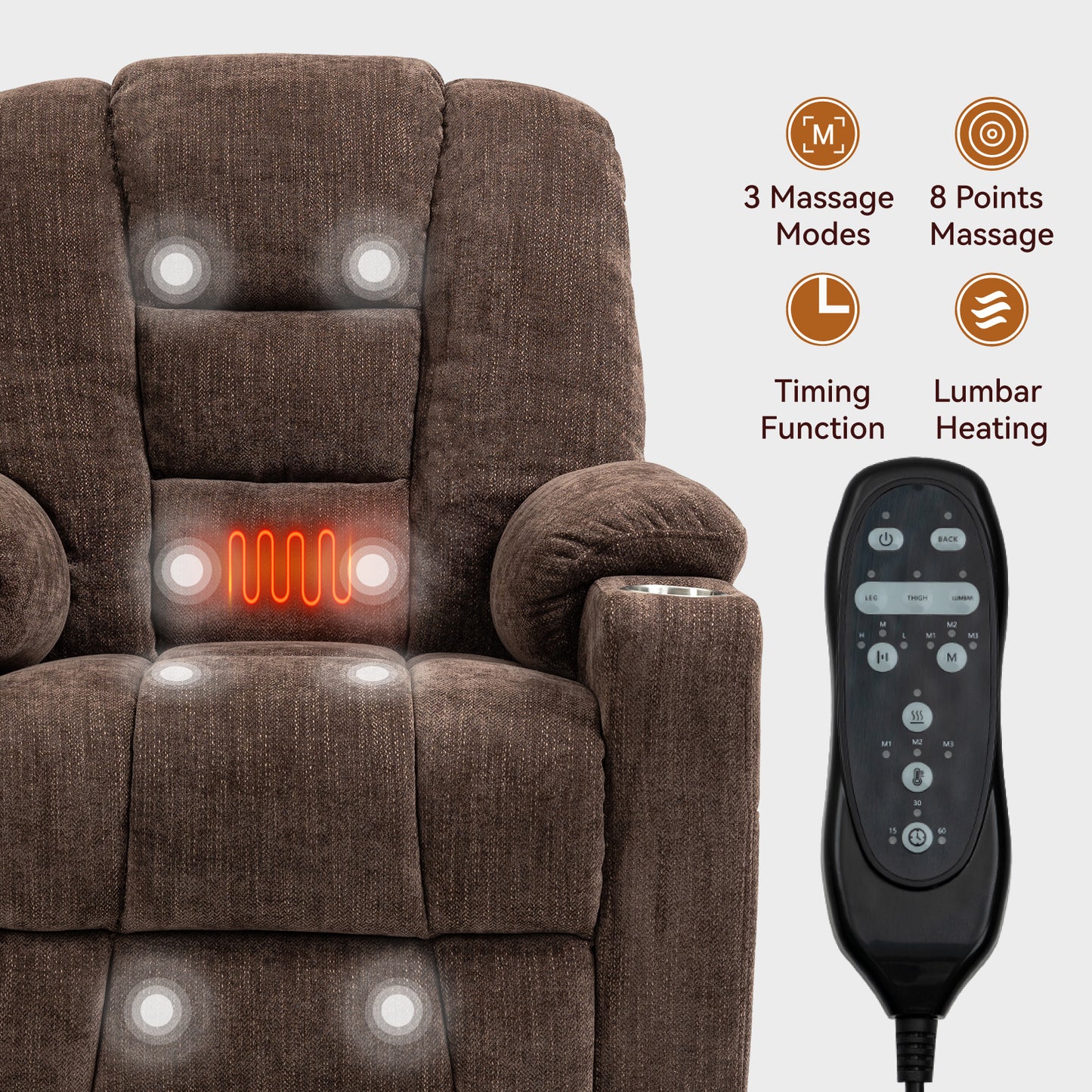 Brown recliner chair with point massage and lumbar heating functions