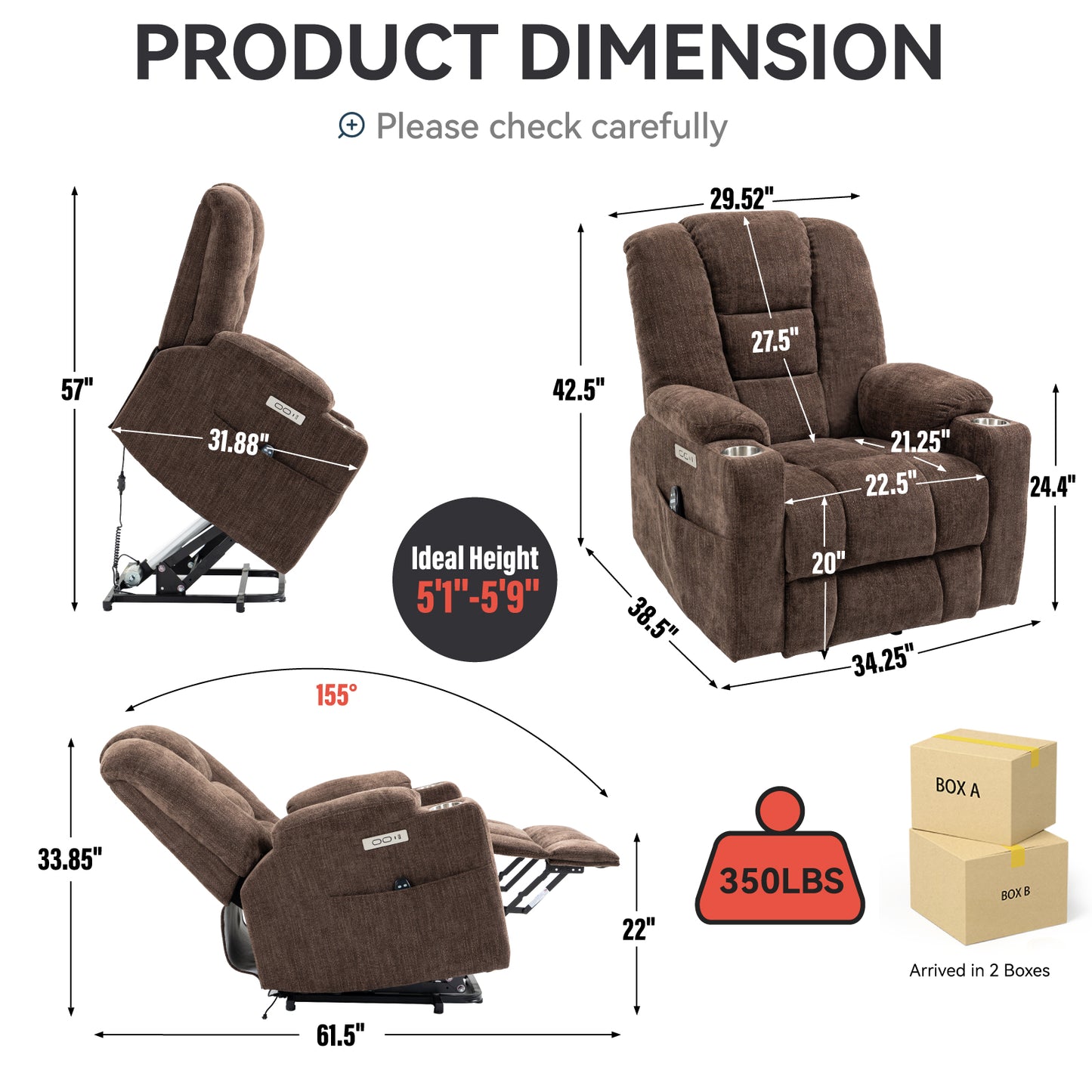 Brown fabric power recliner chair with cup holders and side pocket W