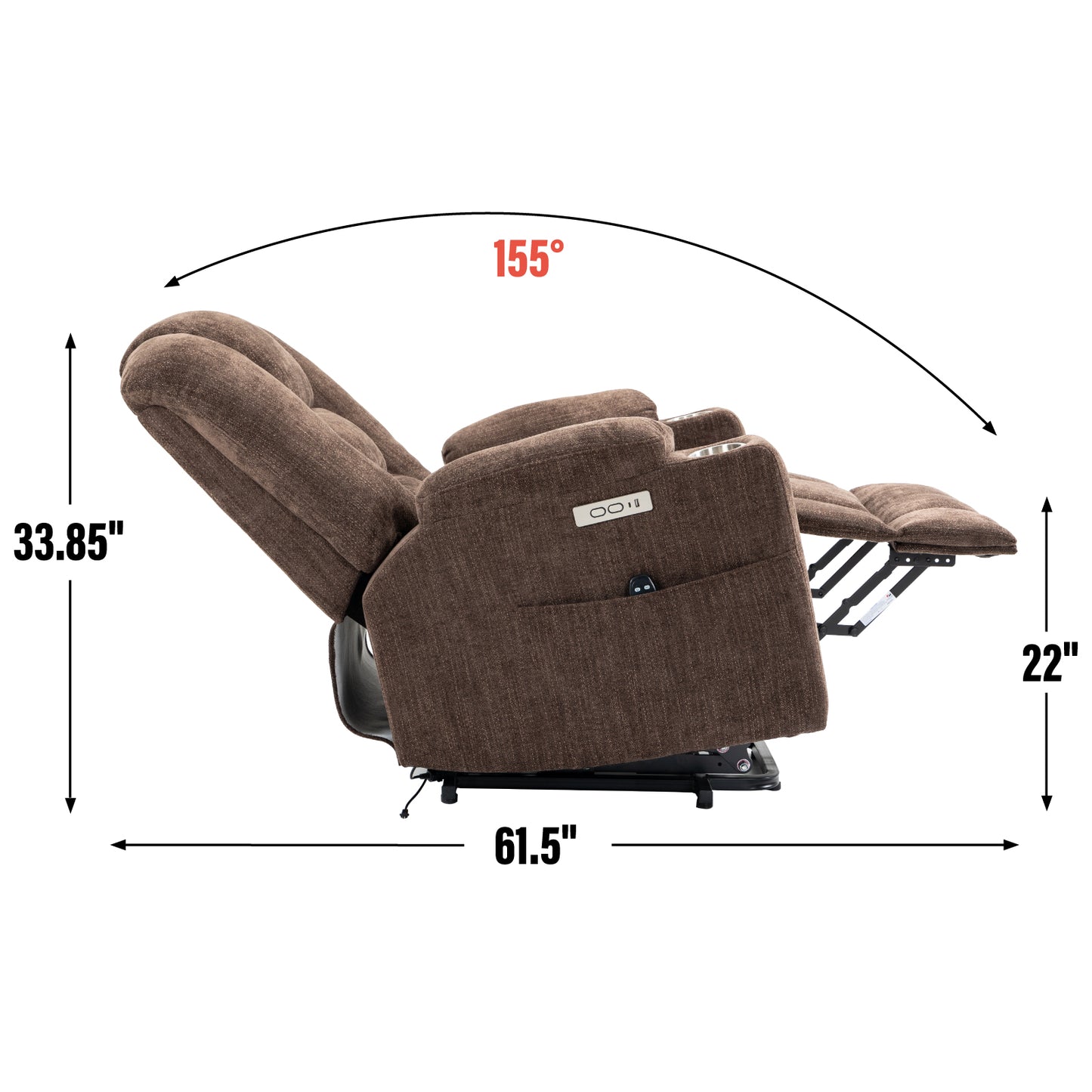 Brown fabric lift chair reclined to degrees with dimensions highlighted