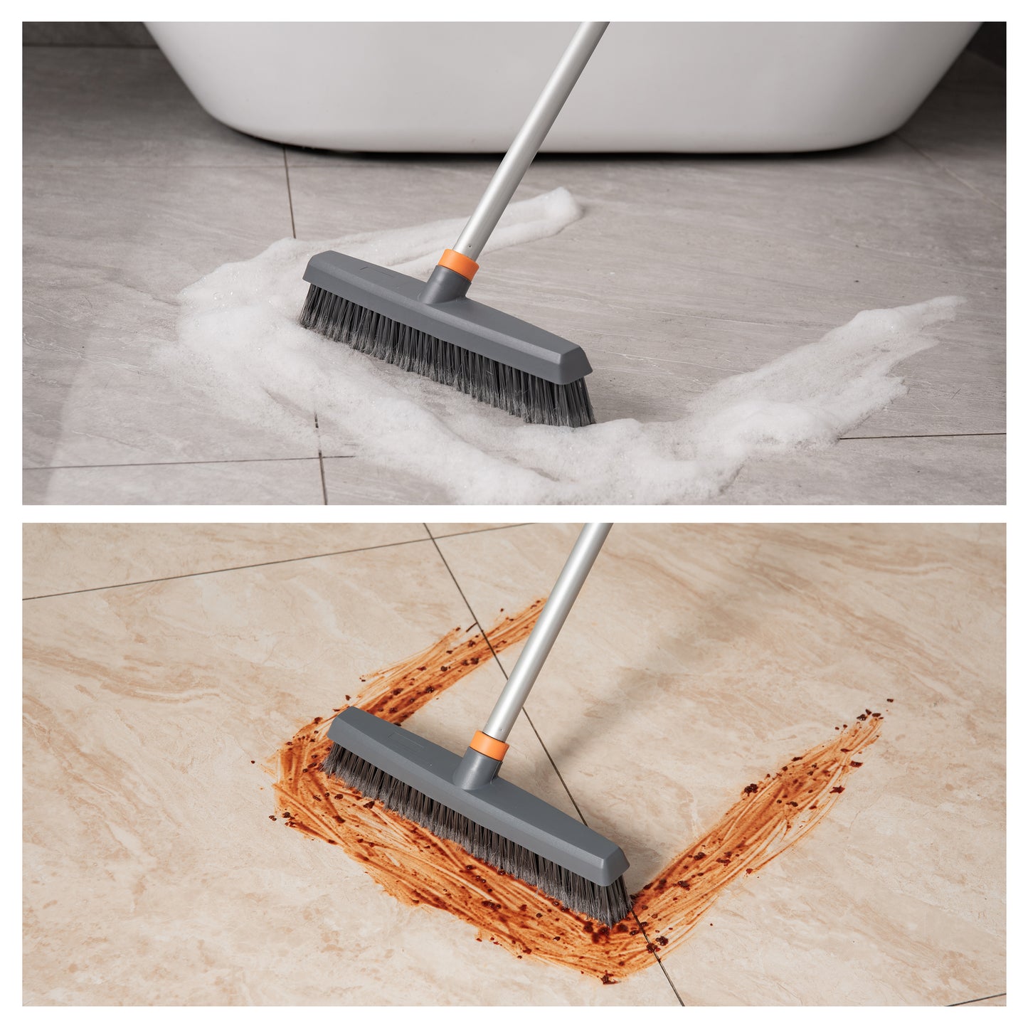 Durable floor broom with stiff bristles cleaning up suds on bathroom tile