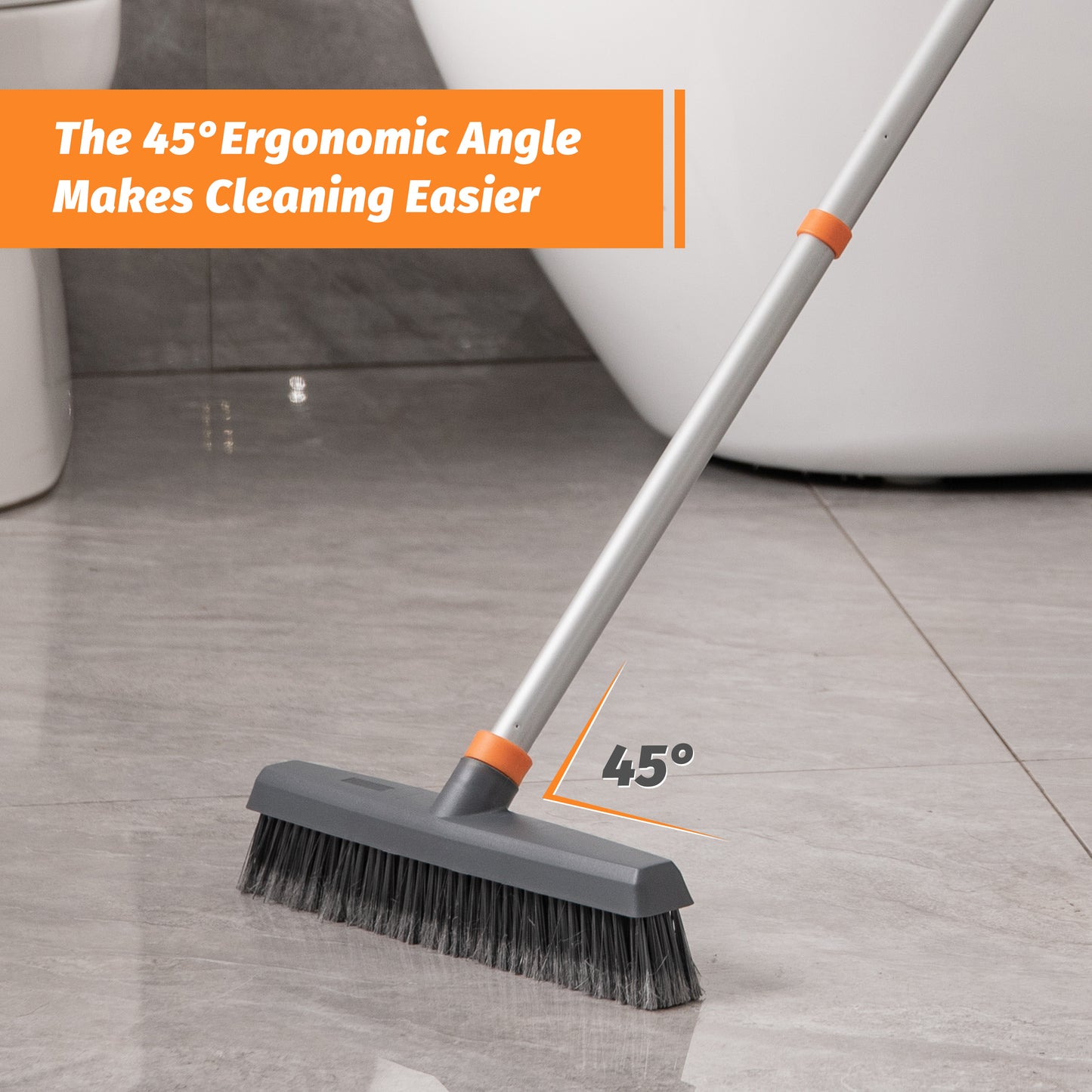 Grey floor broom with ergonomic handle angled at degrees for easier cleaning