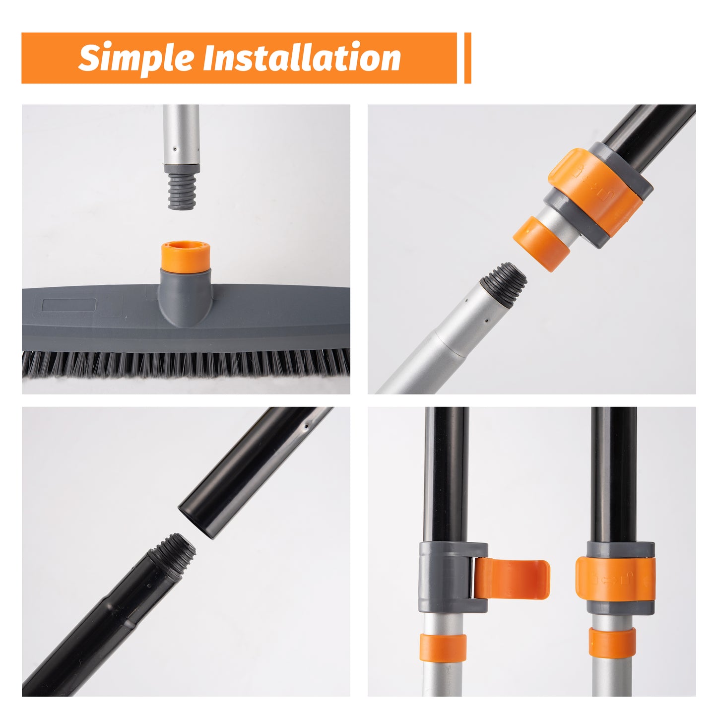 Closeup of a grey broom head with orange connector for an extension pole