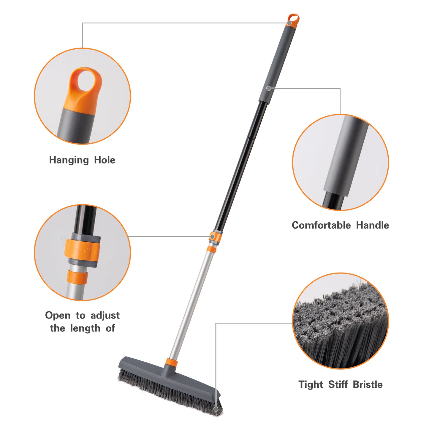 Adjustable length broom with hanging hole and comfortable grip