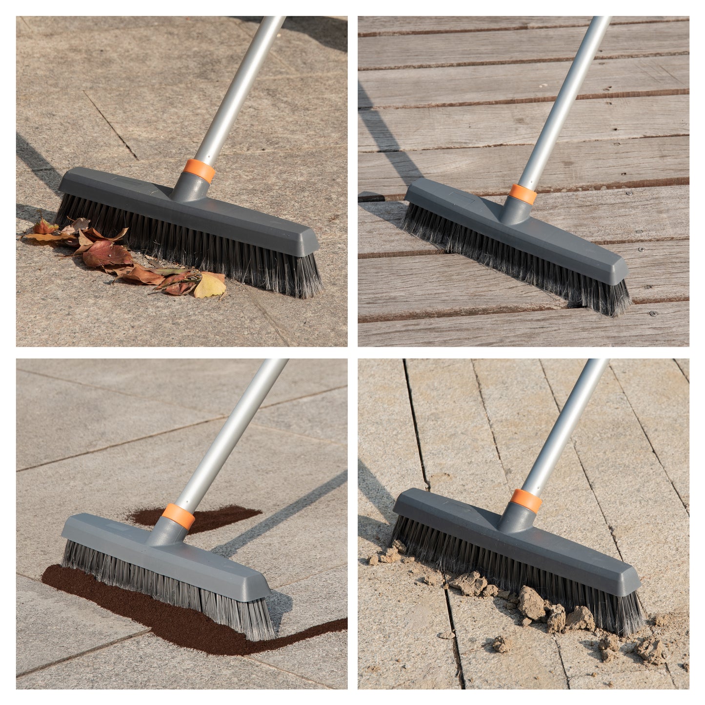 Gray outdoor broom with stiff bristles clearing dry leaves from patio stones