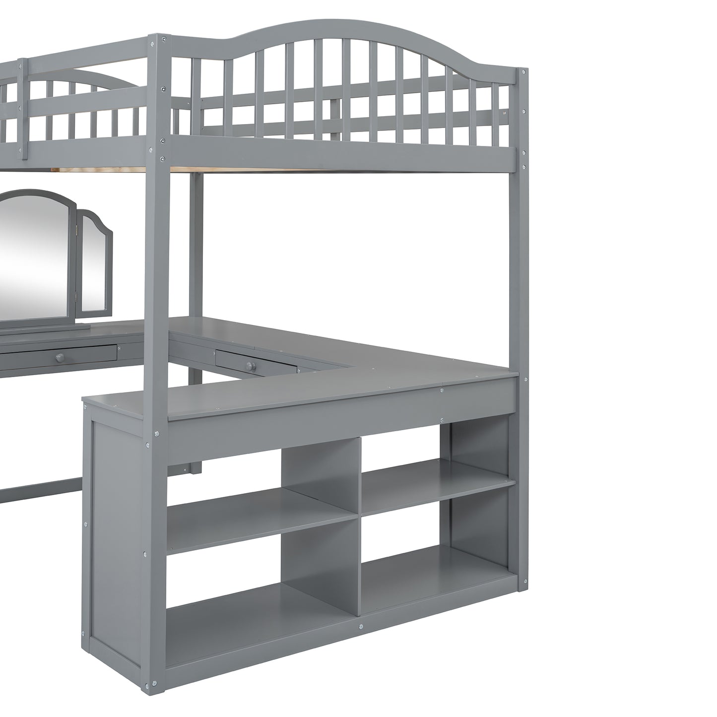 Gray loft bed with Ushaped desk and integrated shelving unit ideal for kids rooms