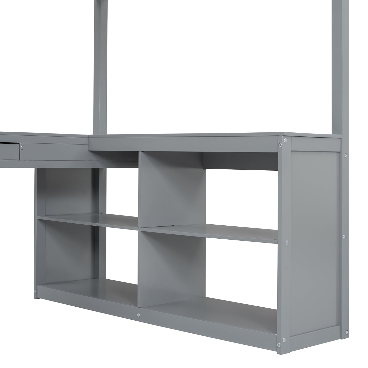 Gray wooden desk with builtin shelves and drawer for home office