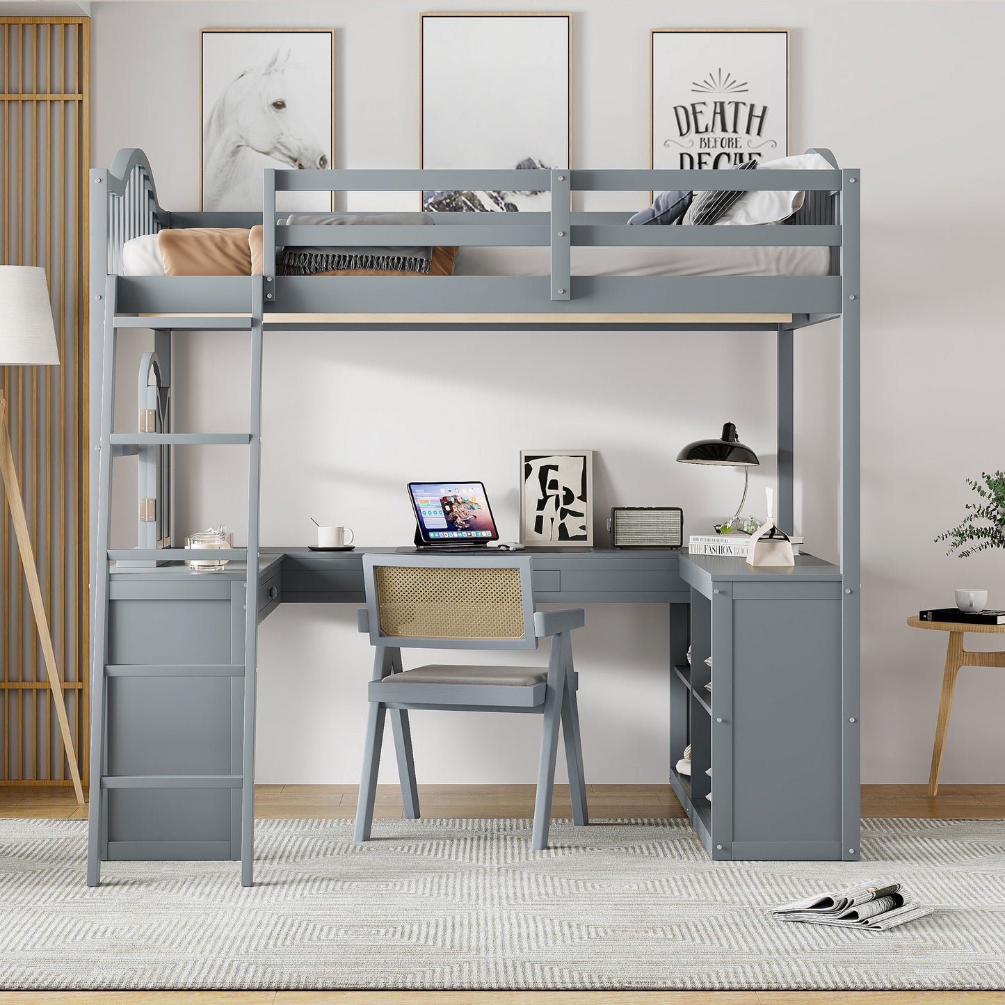 Gray wooden loft bed with integrated desk and storage featuring a ladder for access