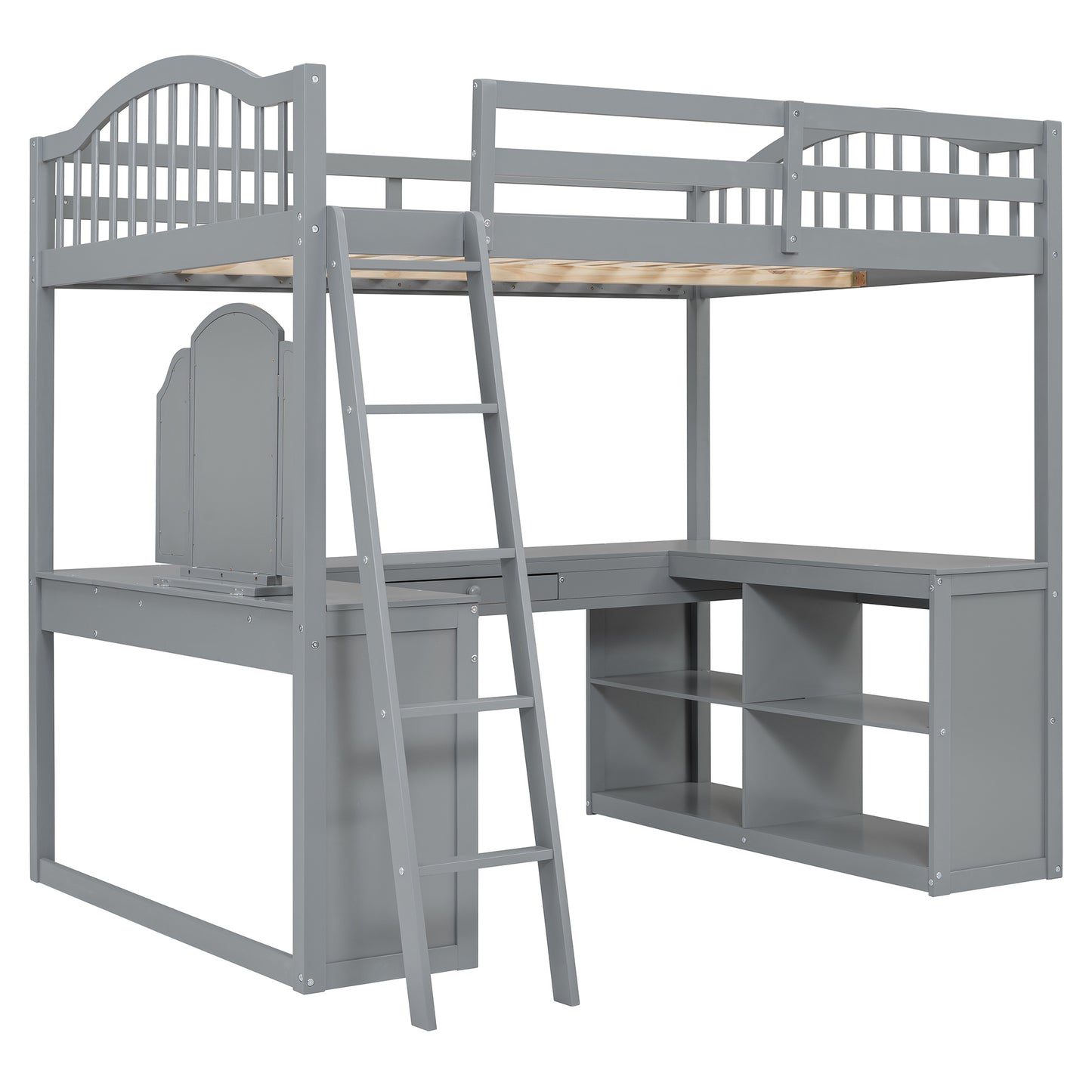 Grey wooden loft bed with integrated desk and shelving perfect for kids rooms
