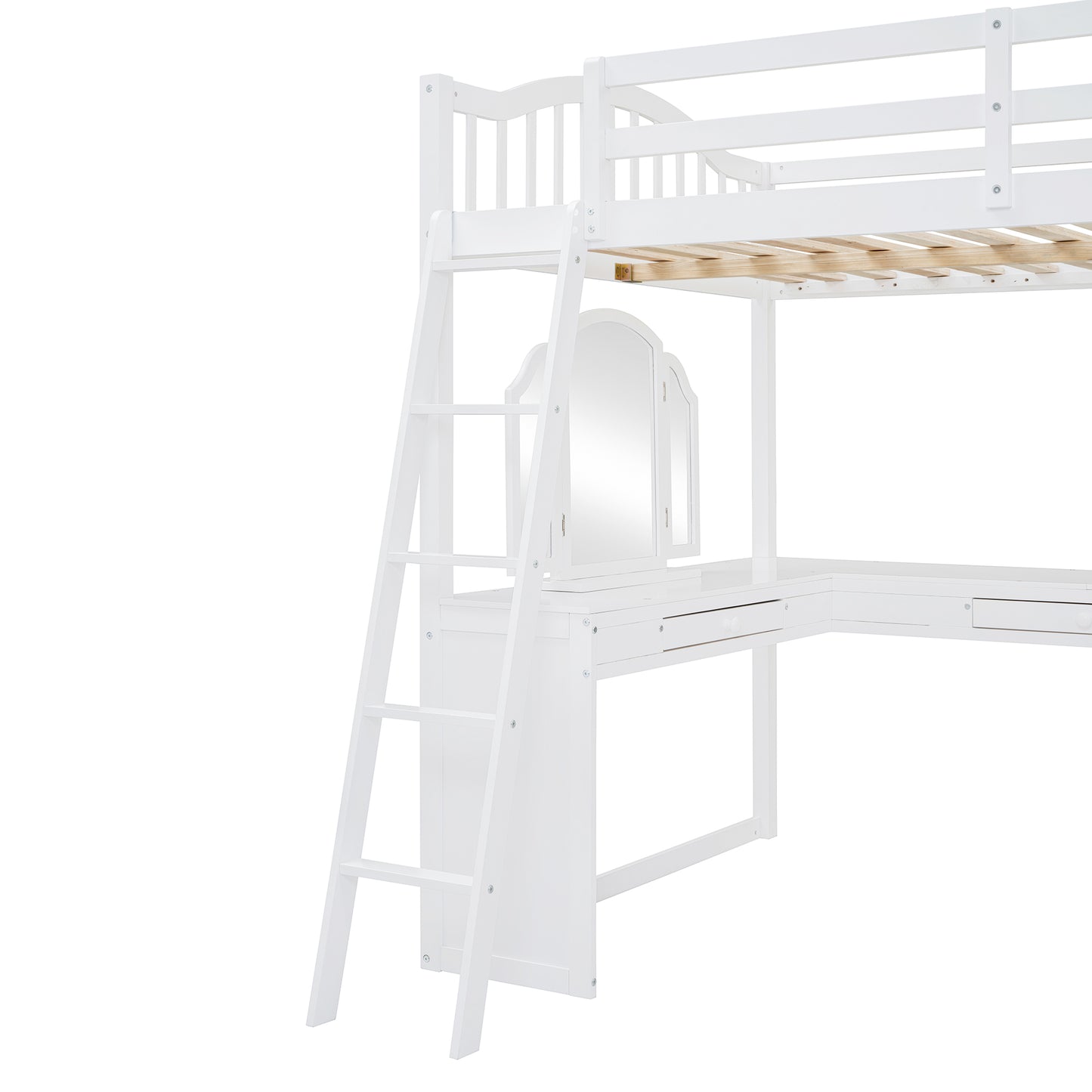 White wooden loft bed with integrated desk and a trifold mirror